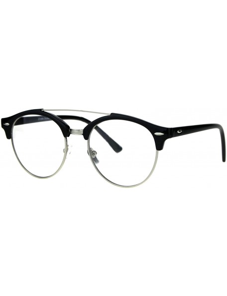 Round Mens Retro Hipster Half Horn Rim Clear Lens Eyeglasses - Black Silver - CI185R6ST7E $7.74