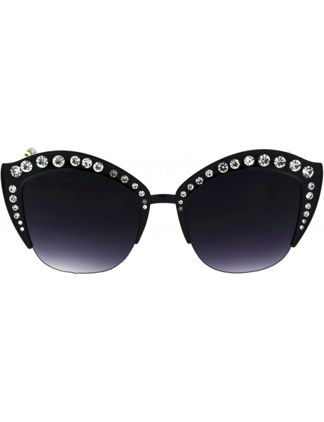 Cat Eye Womens Large Rhinestone Sparkling Half Rim Cat Eye Plastic Sunglasses - Black Smoke - CD18SO0KAZC $12.84