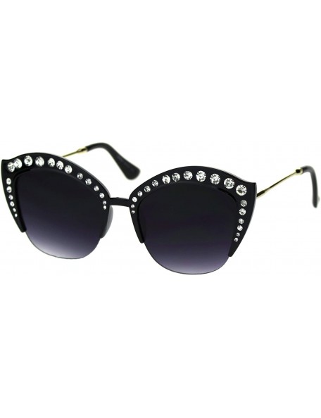 Cat Eye Womens Large Rhinestone Sparkling Half Rim Cat Eye Plastic Sunglasses - Black Smoke - CD18SO0KAZC $12.84
