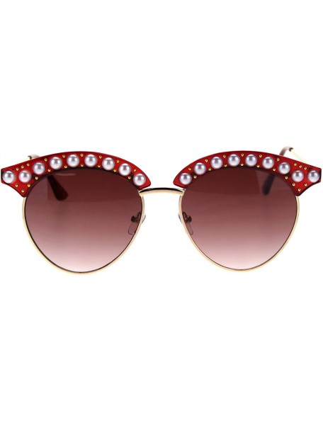 Round Womens Pearl Jewel Half Rim Chic Sunglasses - Red Gold Burgundy - C218SAQ2A2O $9.84