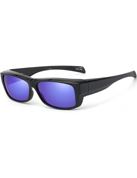 Rectangular Fit Over Glasses Sunglasses with Polarized Lens for Women Men - Small Size - Black Frame/Blue Mirrored Lens - CD1...