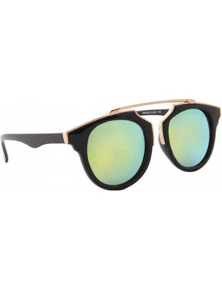 Oversized Sunglasses for Women Round Gold Accent Frame Sunglasses Mirrored Lens - Black Frame/ Mirrored Green - Gold Lens - C...