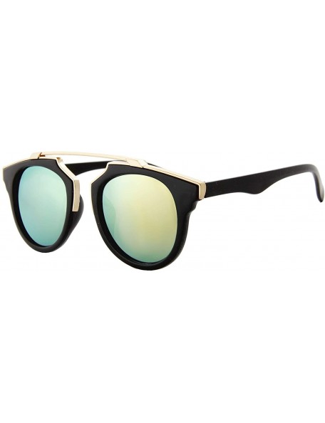 Oversized Sunglasses for Women Round Gold Accent Frame Sunglasses Mirrored Lens - Black Frame/ Mirrored Green - Gold Lens - C...