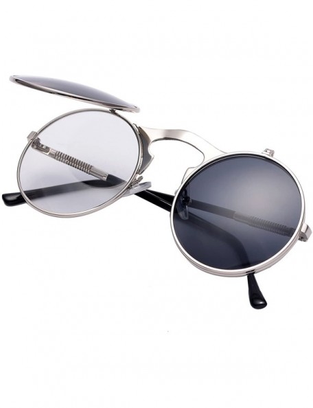 Goggle Vintage Round Flip Up Sunglasses for Men Women Juniors John Lennon Style Circle Sun Glasses - C2184EXOWOE $15.72