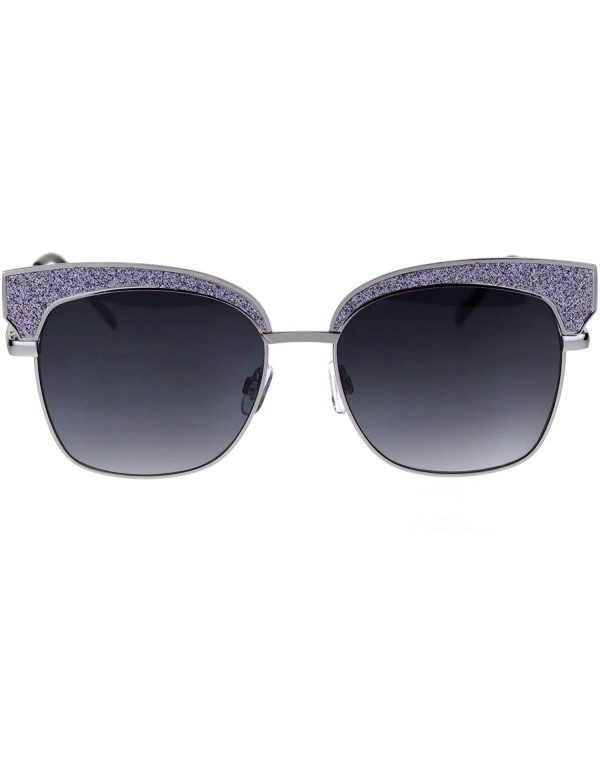 Rectangular Womens Glitter Bling Metal Half Rim Rectangular Chic Sunglasses - Silver Lavender Mirror Smoke - CH18QXWUUZ2 $14.45