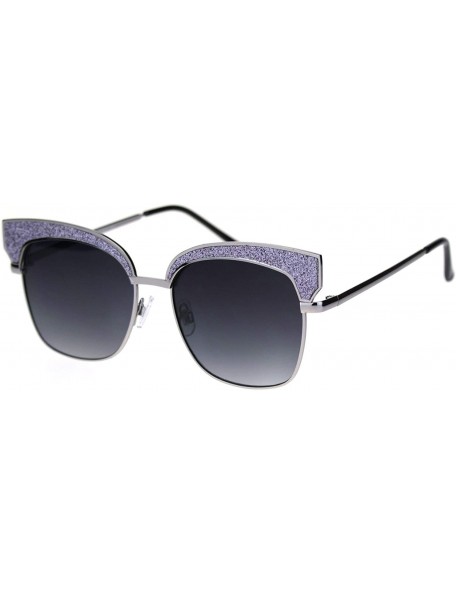 Rectangular Womens Glitter Bling Metal Half Rim Rectangular Chic Sunglasses - Silver Lavender Mirror Smoke - CH18QXWUUZ2 $14.45