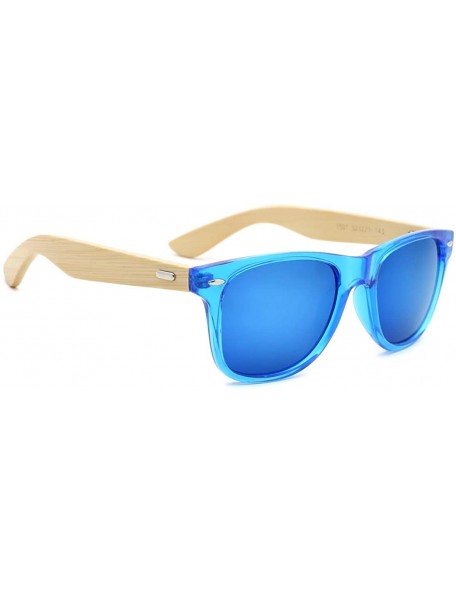 Wayfarer Fashion Square Bamboo Wood Mirrored Sunglasses for Men Women - Shallow Blue Frames/Blue Lens - CZ183Q2YGE4 $32.30