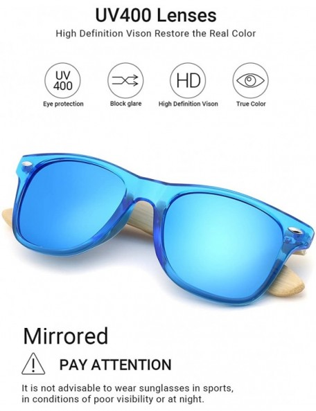 Wayfarer Fashion Square Bamboo Wood Mirrored Sunglasses for Men Women - Shallow Blue Frames/Blue Lens - CZ183Q2YGE4 $18.57