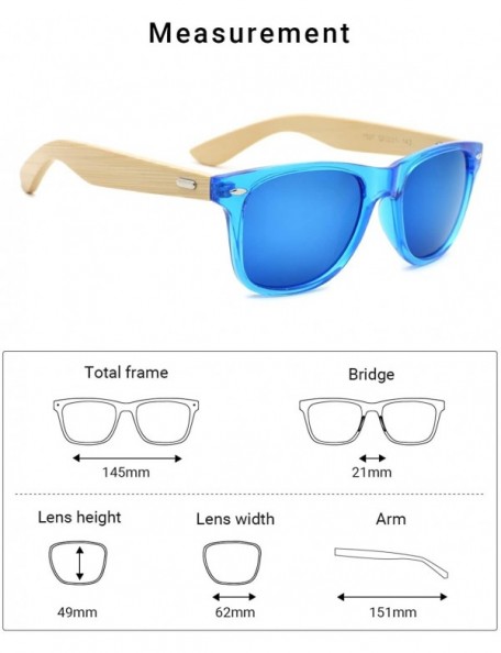 Wayfarer Fashion Square Bamboo Wood Mirrored Sunglasses for Men Women - Shallow Blue Frames/Blue Lens - CZ183Q2YGE4 $18.57