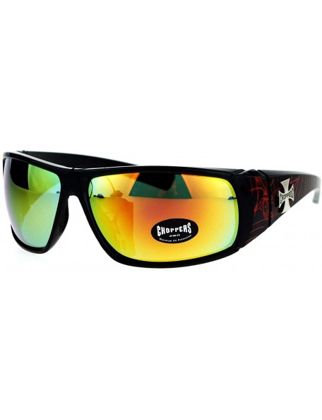 Shield Sunglasses Mens Biker Wrap Around Shield Frame Spider Webs - Black Red (Orange Mirror) - CL186OU93OI $9.76