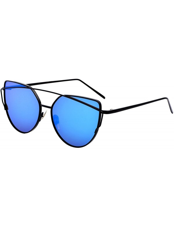 Cat Eye Stylish Metal Frame Cat Eye Sunglasses for Women Mirrored Flat Lens - Blue Lens/Black Frame - CF188TRWZKL $15.18