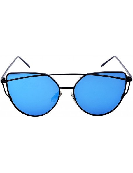 Cat Eye Stylish Metal Frame Cat Eye Sunglasses for Women Mirrored Flat Lens - Blue Lens/Black Frame - CF188TRWZKL $15.18