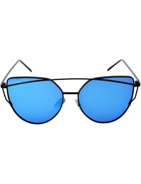 Cat Eye Stylish Metal Frame Cat Eye Sunglasses for Women Mirrored Flat Lens - Blue Lens/Black Frame - CF188TRWZKL $15.18