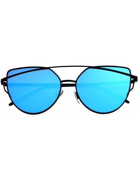 Cat Eye Stylish Metal Frame Cat Eye Sunglasses for Women Mirrored Flat Lens - Blue Lens/Black Frame - CF188TRWZKL $15.18