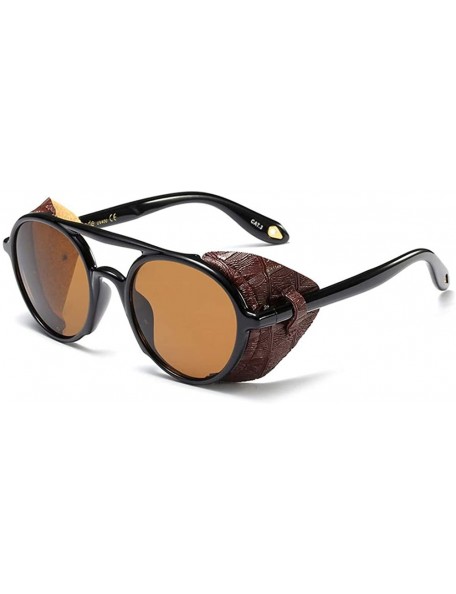 Round Men Sunglasses with Side Shields Leather Round Sun Glasses for Women Retro UV400 - Black With Coffee - CV18OZ69CWR $10.99