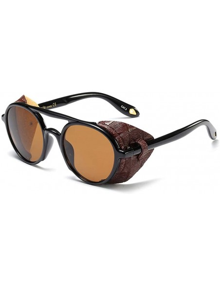 Round Men Sunglasses with Side Shields Leather Round Sun Glasses for Women Retro UV400 - Black With Coffee - CV18OZ69CWR $10.99