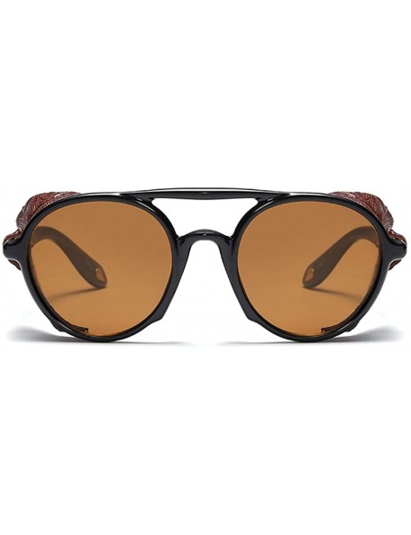 Round Men Sunglasses with Side Shields Leather Round Sun Glasses for Women Retro UV400 - Black With Coffee - CV18OZ69CWR $10.99