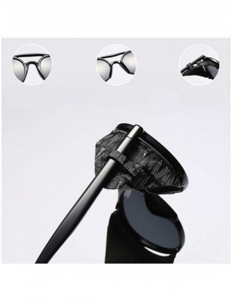 Round Men Sunglasses with Side Shields Leather Round Sun Glasses for Women Retro UV400 - Black With Coffee - CV18OZ69CWR $10.99