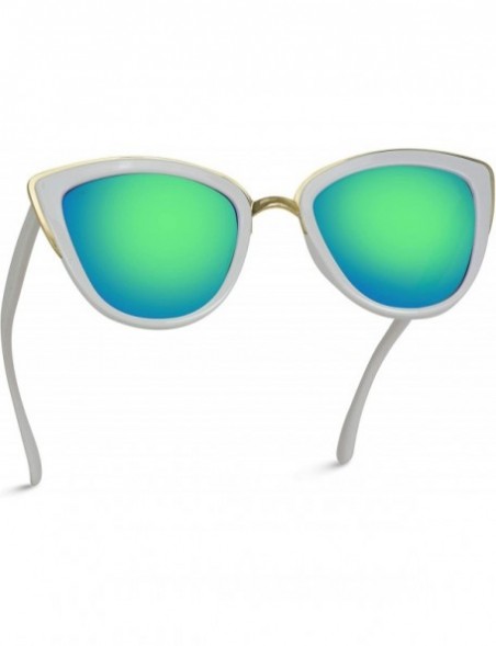 Round Womens Cat Eye Mirrored Reflective Lenses Oversized Cateyes Sunglasses - White Frame / Mirror Green - C512GXRHF21 $19.49