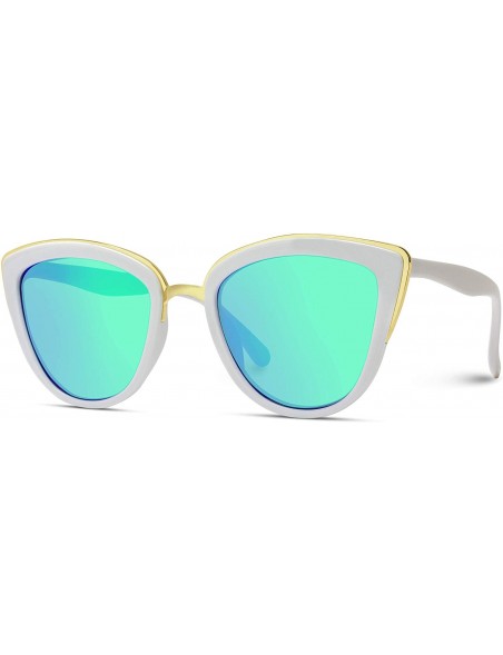 Round Womens Cat Eye Mirrored Reflective Lenses Oversized Cateyes Sunglasses - White Frame / Mirror Green - C512GXRHF21 $19.49