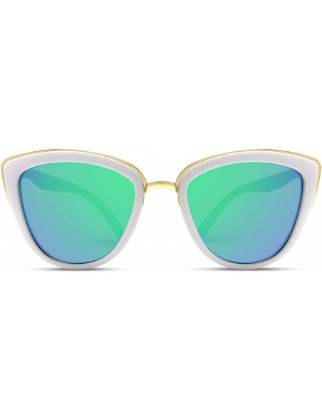 Round Womens Cat Eye Mirrored Reflective Lenses Oversized Cateyes Sunglasses - White Frame / Mirror Green - C512GXRHF21 $19.49