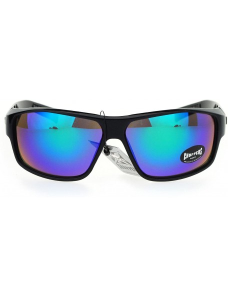 Rectangular Sunglasses Mens Rectangular Wrap Biker Smoke Tribal Design - Black Green (Teal Mirror) - C5186OWLION $8.56