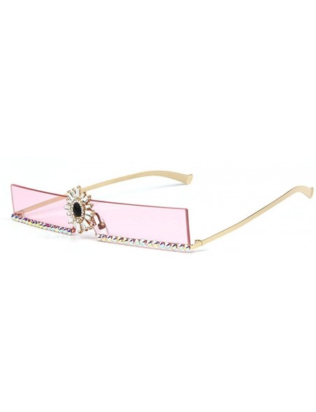 Rectangular new trend narrow side rectangular diamond sunglasses ladies metal rhinestone marine color sunglasses - Pink - CM1...