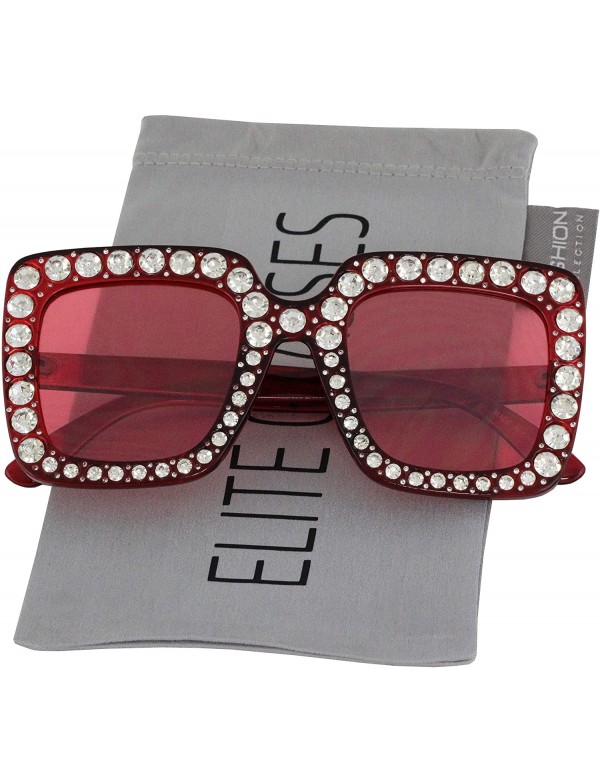 Oversized Oversized Square Frame Crystal Bling Rhinestone Brand Designer Sunglasses For Women 2018 - Red - C218SWE4RCW $17.30