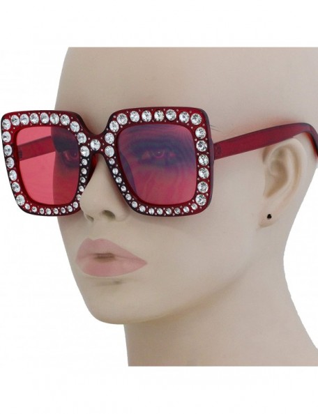 Oversized Oversized Square Frame Crystal Bling Rhinestone Brand Designer Sunglasses For Women 2018 - Red - C218SWE4RCW $17.30