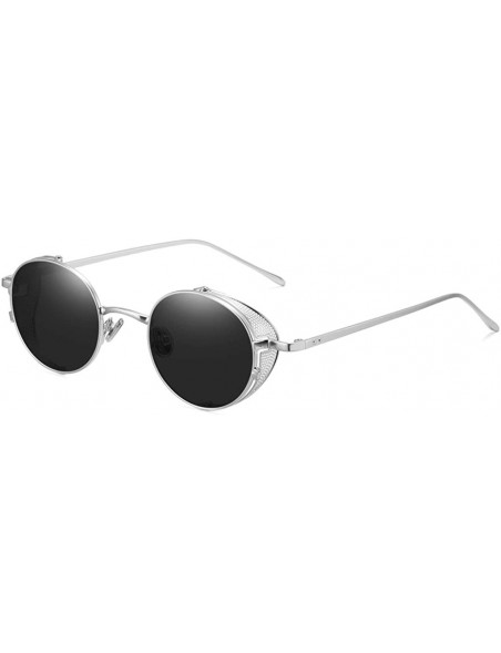 Shield Steampunk Sunglasses Side Shields Metal Women Vintage Round Sun Glasses for Male Hollow - Silver With Black - CV1974NK...