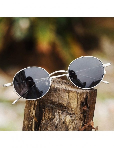 Shield Steampunk Sunglasses Side Shields Metal Women Vintage Round Sun Glasses for Male Hollow - Silver With Black - CV1974NK...