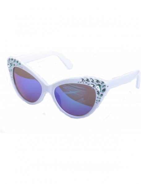 Cat Eye Diamante Trim Cat Eye Sunglasses - White Frame/Blue Lens - CF199QC0M5X $13.09