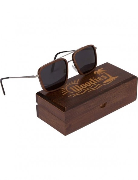 Rectangular Brushed Gun Metal Wood Sunglasses with Walnut Rings - CG19486T6IO $40.36