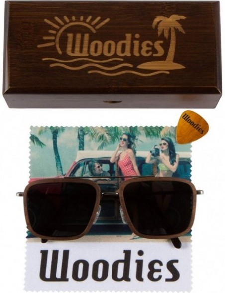 Rectangular Brushed Gun Metal Wood Sunglasses with Walnut Rings - CG19486T6IO $40.36