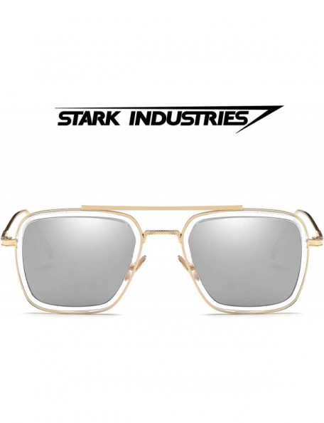 Square Retro Pilot Sunglasses Square Metal Frame for Men Women Sunglasses Classic Downey Tony Stark Gradient Lens - C118E39AK...