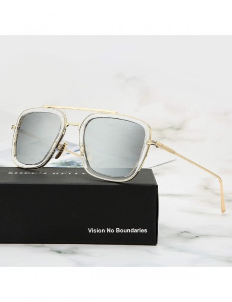 Square Retro Pilot Sunglasses Square Metal Frame for Men Women Sunglasses Classic Downey Tony Stark Gradient Lens - C118E39AK...
