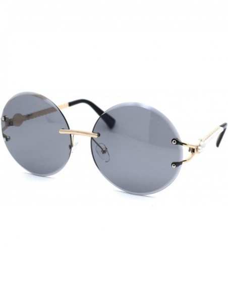 Round Womens Pearl Trim Arm Round Rimless Circle Lens Sunglasses - Gold Solid Black - C918ZWQI245 $12.43