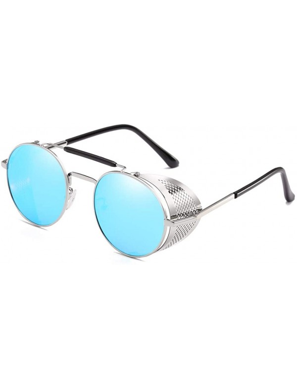 Round Steampunk Windproof Sunglasses Protection Personality - Silver/Blue - C218T0RNH5I $17.04