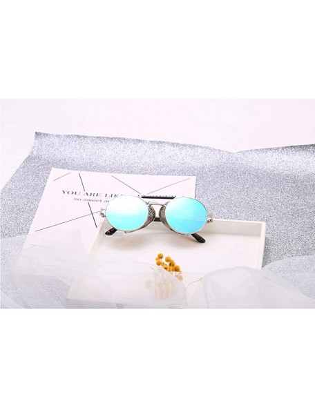 Round Steampunk Windproof Sunglasses Protection Personality - Silver/Blue - C218T0RNH5I $17.04