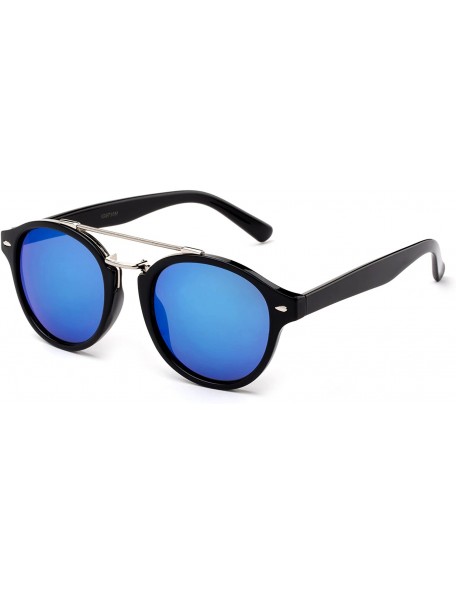 Round Modern Celeb Design Round Vintage Look Fashion Mirrored Sunglasses - Black/Blue - C117YEM30XC $10.19