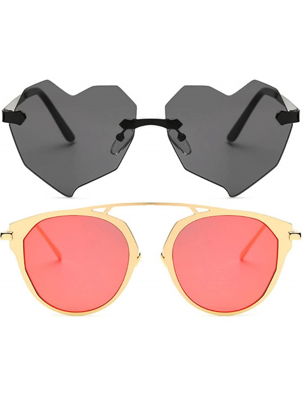 Round Ladies Metal Cat Eye Heart Round Integral Sunglasses Elegant De Luxe Stylish - Fan_2p_30mix - CW17YEGCCZ7 $17.96