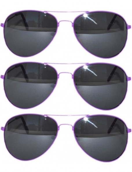 Oval Set of 3 Pack Aviator Style Sunglasses Colored Metal Frame Mirror Lens Smoke Lens - Smoke_lens_purple_3_pack - C517YRIH2...