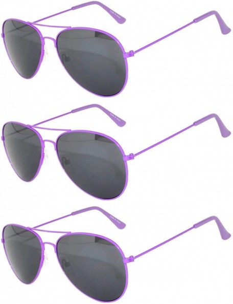 Oval Set of 3 Pack Aviator Style Sunglasses Colored Metal Frame Mirror Lens Smoke Lens - Smoke_lens_purple_3_pack - C517YRIH2...