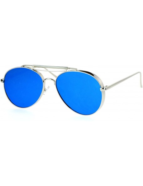 Round Unisex Round Aviator Sunglasses Flat Metal Frame Flat Mirror Lens UV 400 - Silver (Blue Mirror) - CN1872K6LZK $24.77