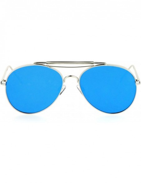 Round Unisex Round Aviator Sunglasses Flat Metal Frame Flat Mirror Lens UV 400 - Silver (Blue Mirror) - CN1872K6LZK $10.57