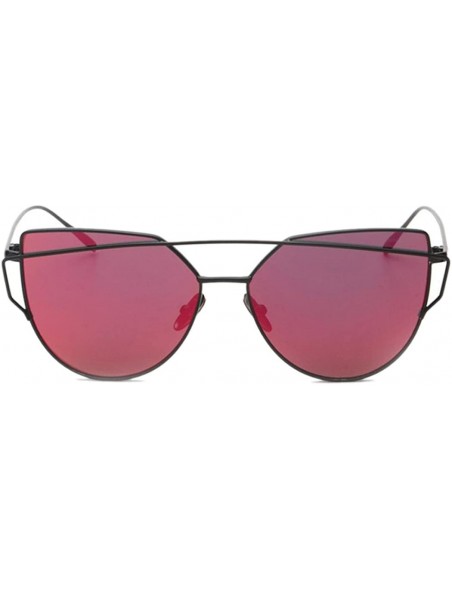 Sport Fashion Womens Mirror Sunglasses - Round Cat Eye Sun Glasses - Metal Frame Twin-Beams Sunglasses - Red - CB18DO6YZ6T $7.57