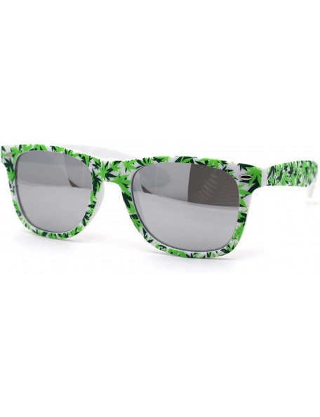 Rectangular Marijuana Pot Leaf Print Hipster Horn Rim Plastic Retro Sunglasses - White Silver Mirror - CB195UE47A4 $7.82