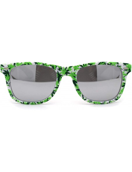 Rectangular Marijuana Pot Leaf Print Hipster Horn Rim Plastic Retro Sunglasses - White Silver Mirror - CB195UE47A4 $7.82