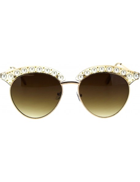 Round Womens Pearl Jewel Half Rim Chic Sunglasses - Peach Gold Brown - CP18SYQ00AD $23.47