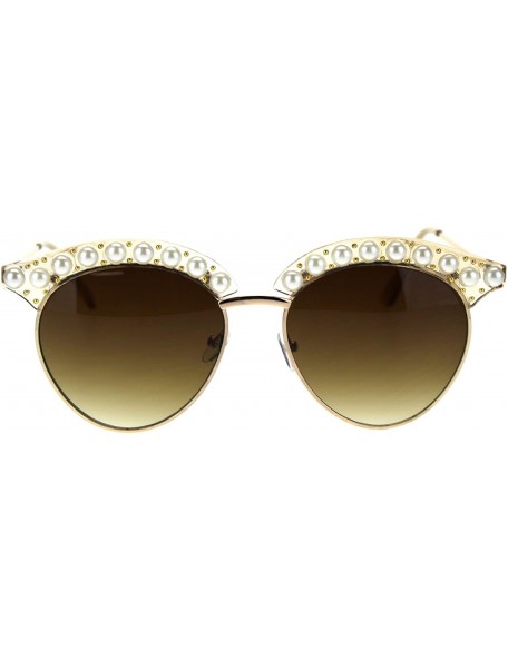 Round Womens Pearl Jewel Half Rim Chic Sunglasses - Peach Gold Brown - CP18SYQ00AD $12.19